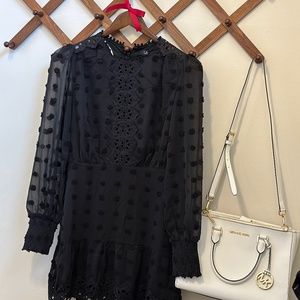 Lulus Lust or Love Embroidered Lace Scalloped Hem Long Sleeve Black Dress Small